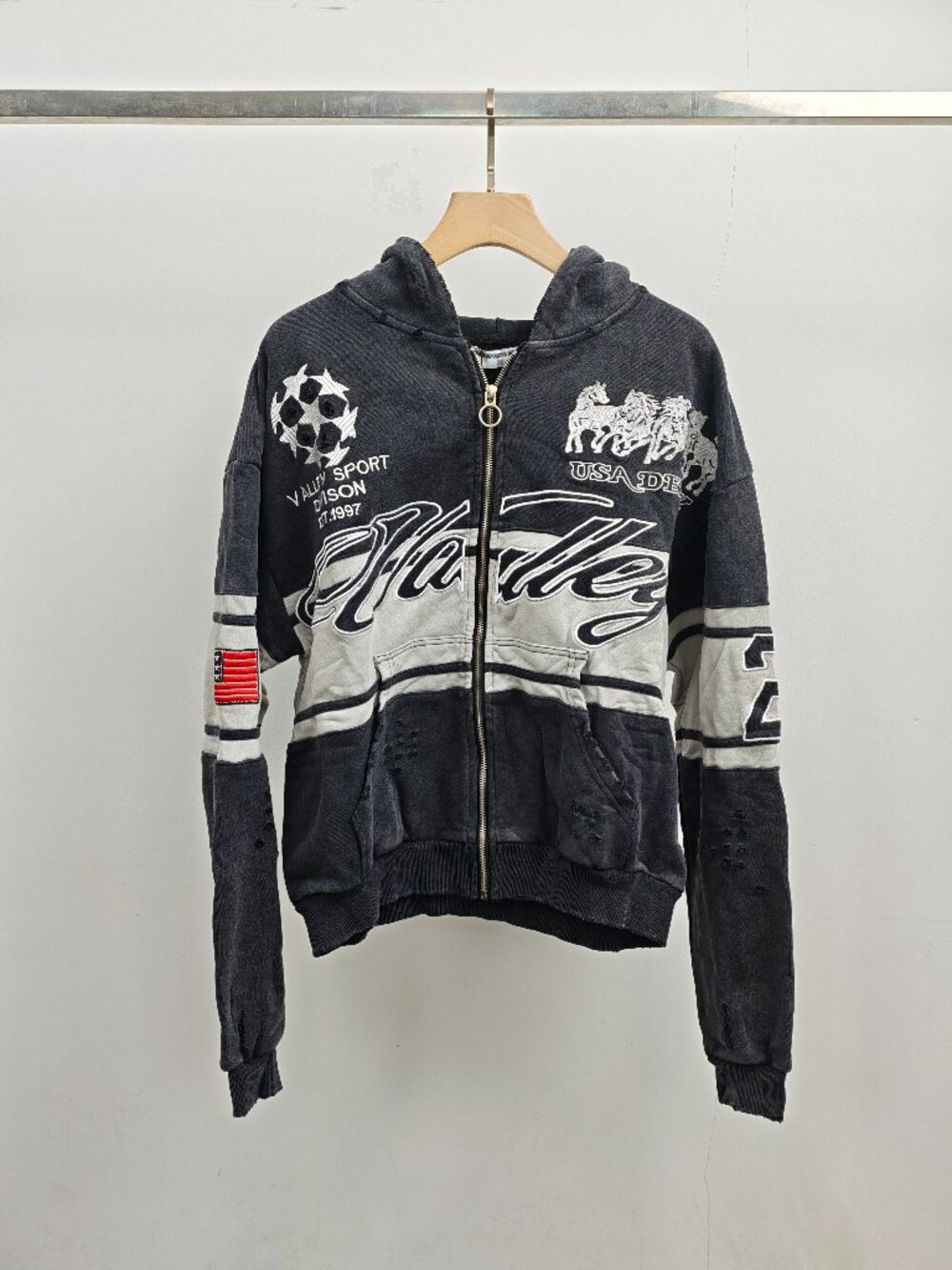 Unisex Washed Black Color Block Full Zip Hoodie Horse Embroidery